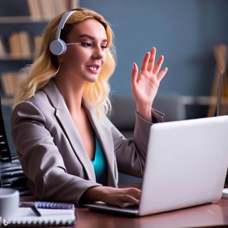 Woman discussing with a colleague via her laptop.