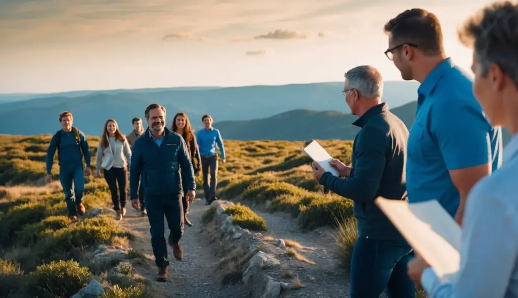 A group of people following a leader through a challenging landscape, while another leader is seen supporting and empowering their team members