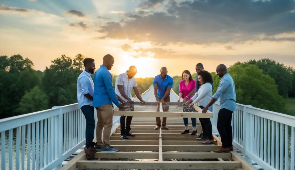 A group of diverse individuals working together to build a bridge, symbolizing the transformational and servant leadership philosophies