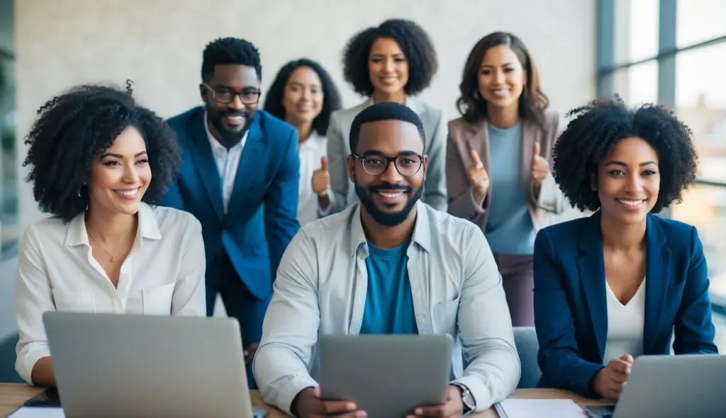 A group of diverse individuals working together, with some taking charge and leading from the front, while others support and empower from behind