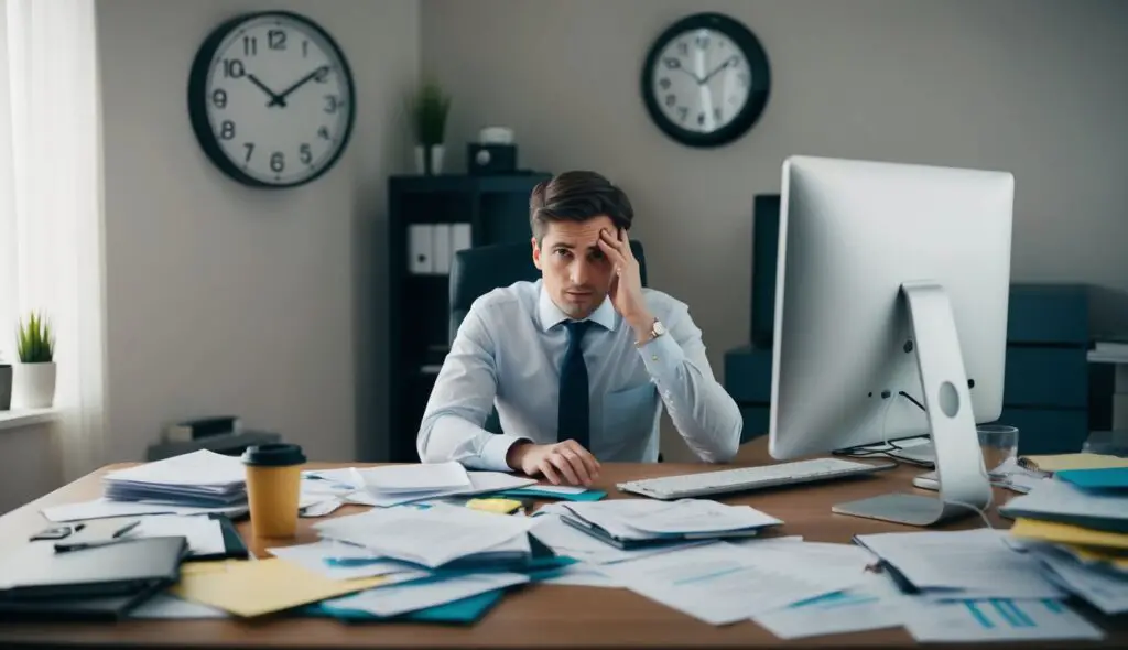 A cluttered desk with scattered papers and a overwhelmed leader staring at a computer screen. A clock on the wall shows the passing time