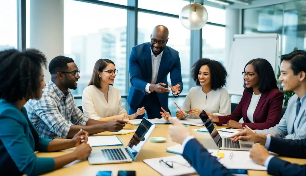 A diverse group of individuals engaging in team-building activities, brainstorming, and implementing strategies to prevent and manage biases and decision fatigue in leadership