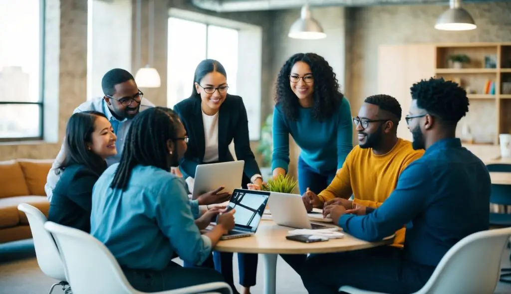 A diverse group of individuals working collaboratively in a comfortable, open space, sharing ideas and feedback freely without fear of judgment or reprisal