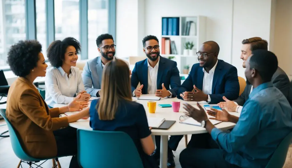 Company diverse leadership team discussing around a table