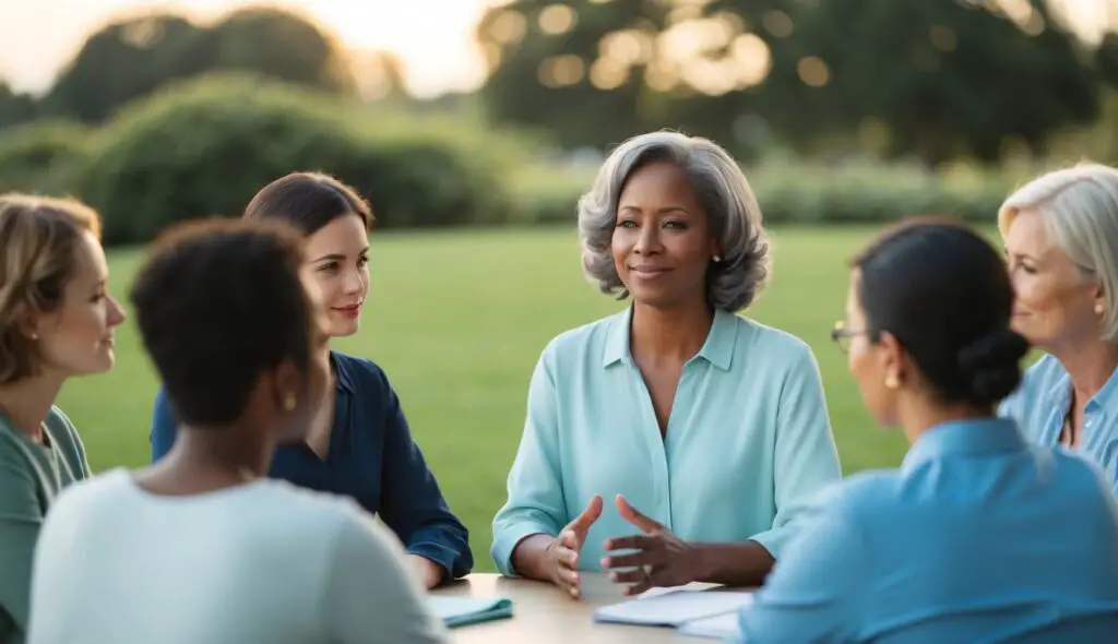 A serene figure leads a group discussion, surrounded by calming elements like nature, soft lighting, and open space