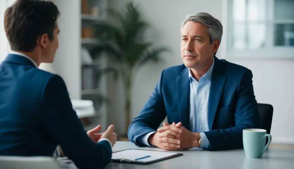 A leader sits in a calm, well-lit office, facing a colleague with a concerned expression. The leader maintains open and attentive body language, demonstrating empathy and understanding during a difficult conversation