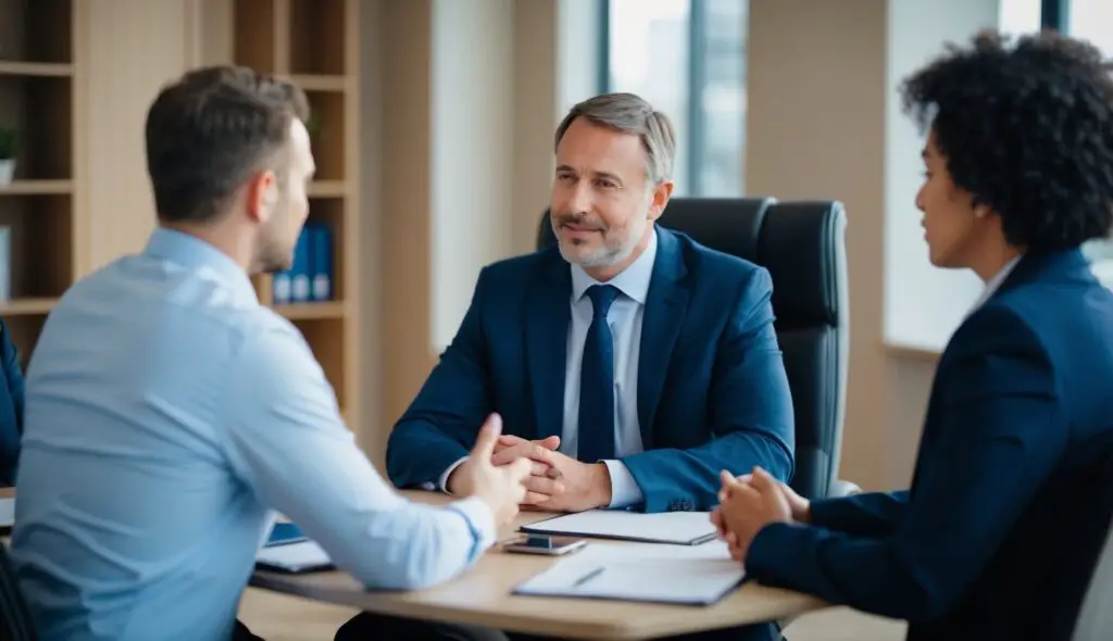 A leader sits at a desk, offering a supportive presence as they engage in a difficult conversation with a team member. The leader's body language conveys empathy and understanding