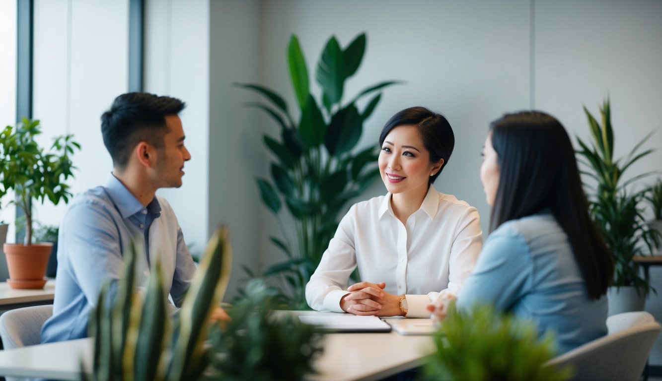 A leader sits in a calm, open office space, surrounded by plants and natural light. They engage in a compassionate, attentive conversation with a team member