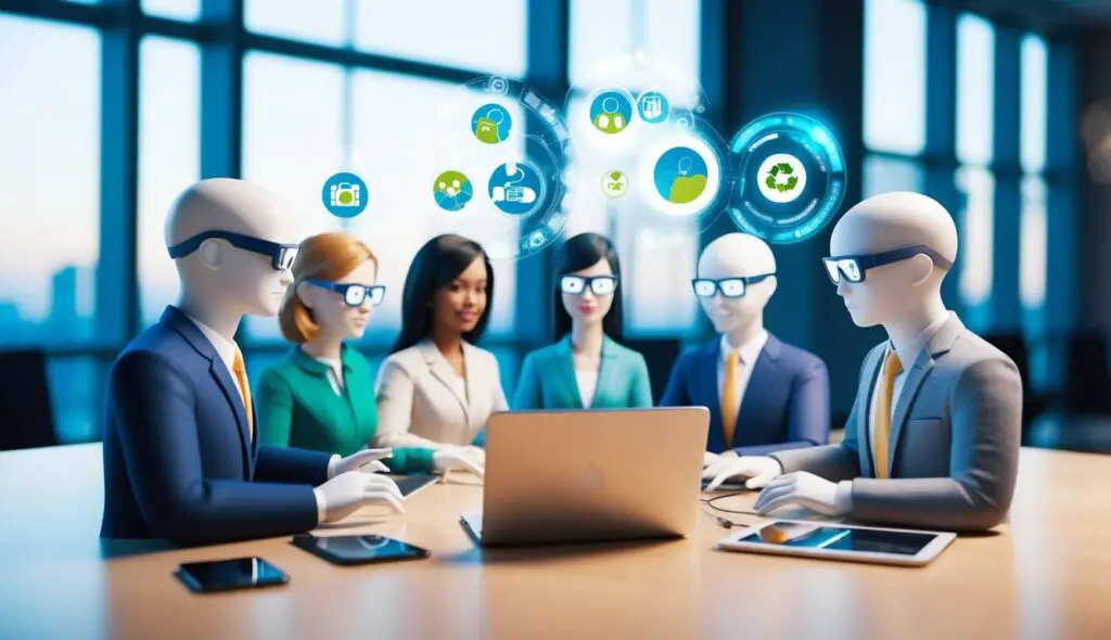 A group of virtual avatars collaborate on a digital platform to brainstorm and implement sustainable practices using technology