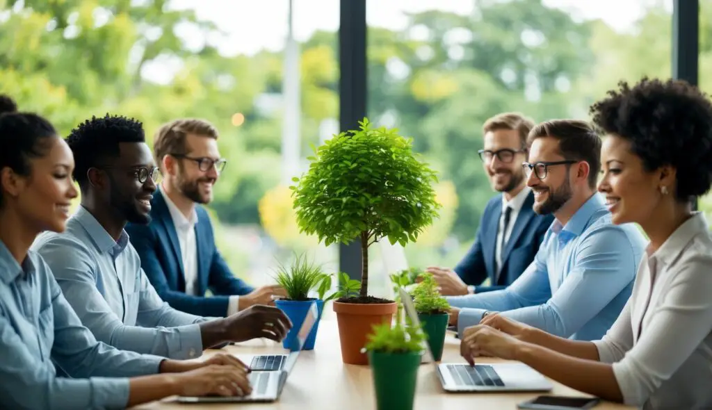 A group of virtual team members engaging in eco-friendly team building activities, such as virtual tree planting, recycling challenges, and sustainable goal setting