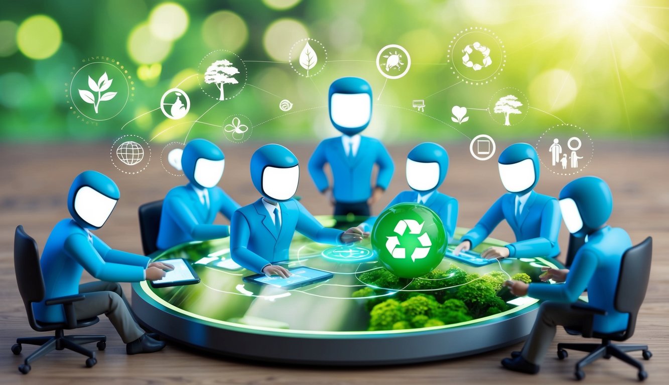 A group of virtual avatars collaborate on a digital project, surrounded by images of nature and sustainable symbols. They engage in team-building activities with an eco-friendly focus