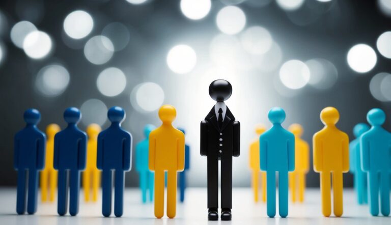 A group of figures stand in a line, with one figure placed higher and at the center, while the others are positioned lower and to the sides