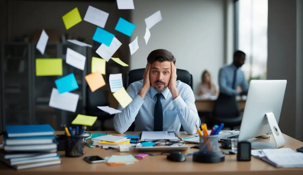 A leader surrounded by a cluttered desk, juggling multiple tasks and decisions, with a look of exhaustion and overwhelm on their face