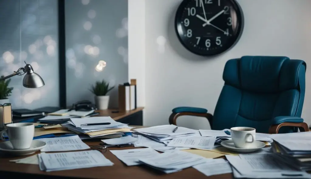 A cluttered desk with scattered papers, empty coffee cups, and a tired-looking chair. A clock on the wall shows the time as late evening