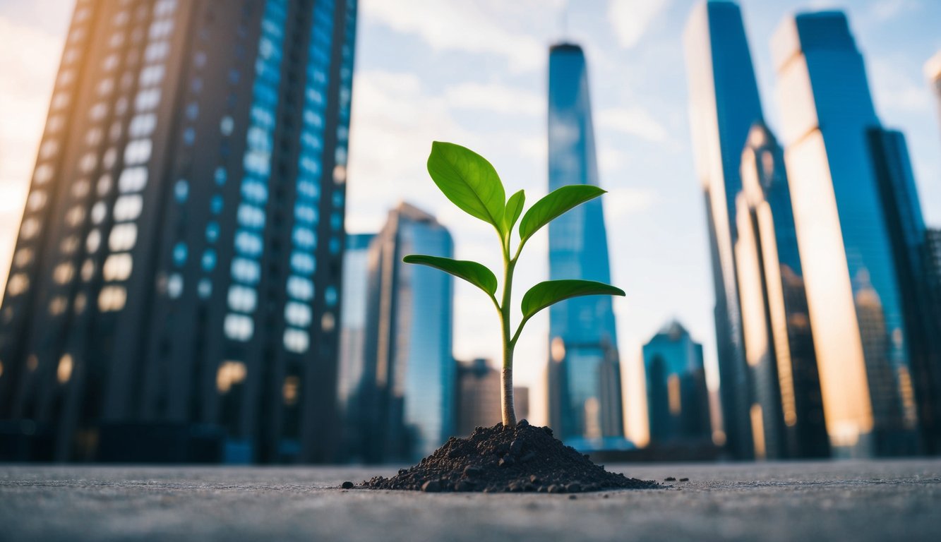 A seedling breaking through concrete, surrounded by towering skyscrapers