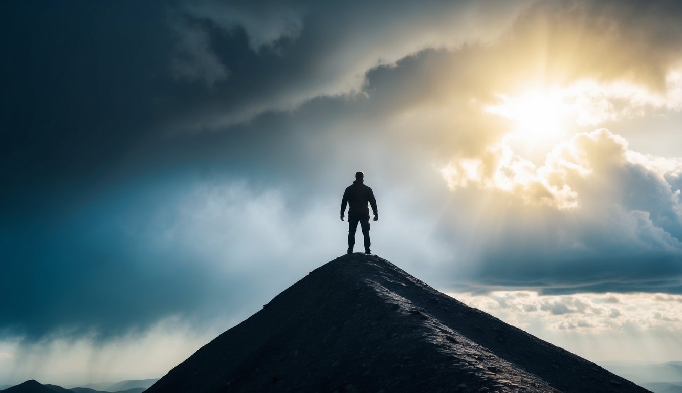 A figure stands atop a mountain, facing a storm with determination. The sun breaks through the clouds, symbolizing resilience and growth