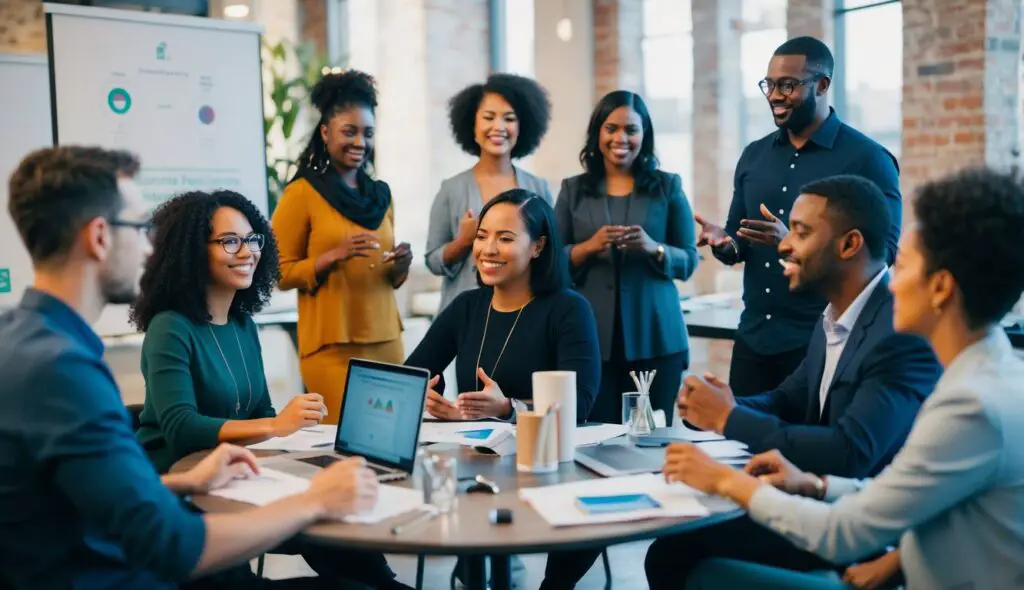 A group of diverse individuals engage in a workshop setting, participating in emotional intelligence training. The atmosphere is focused and collaborative, with visual aids and interactive exercises