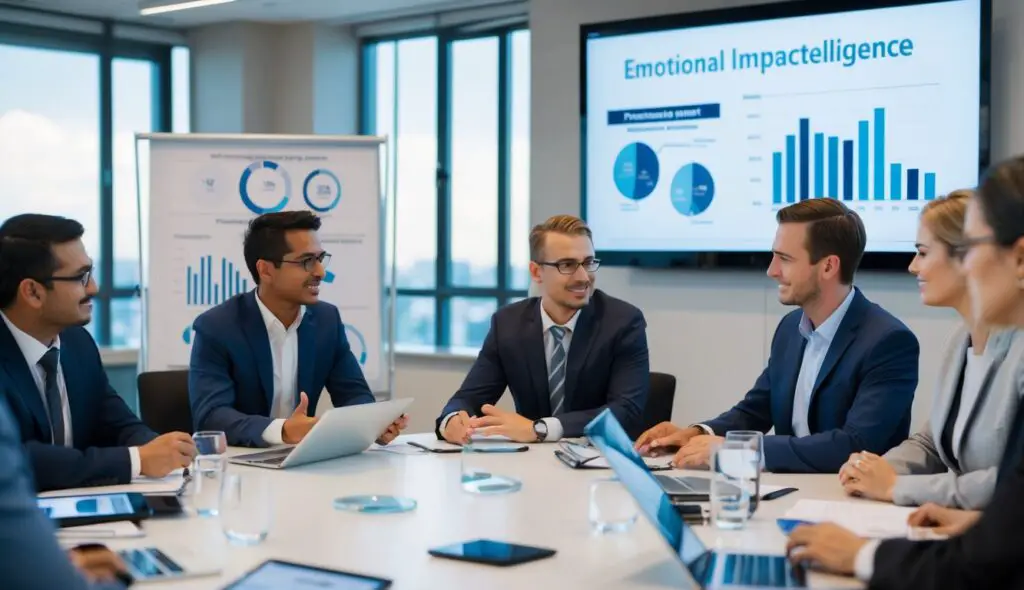 A group of professionals engaged in a training session on emotional intelligence, with a focus on business impact analysis. Charts and graphs are displayed, demonstrating the strategic benefits of EI training