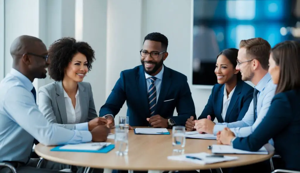 A group of professionals engaged in a training session on emotional intelligence, with a focus on business impact analysis. Charts and graphs are displayed, demonstrating the strategic benefits of EI training