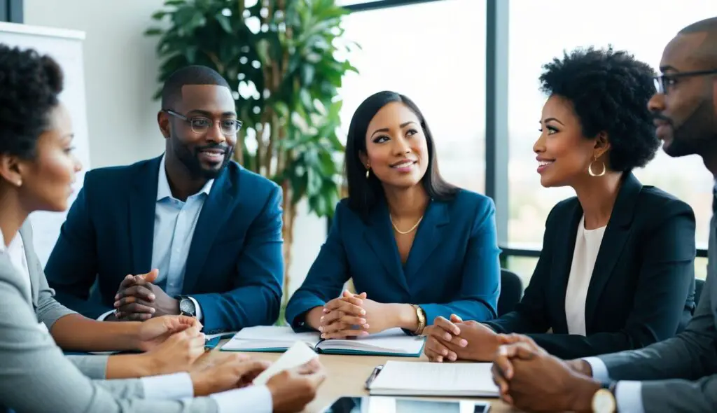 A group of diverse professionals engaged in a training session, expressing empathy and understanding through active listening and open communication