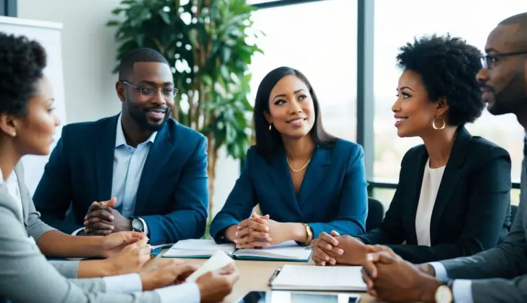 A group of diverse professionals engaged in a training session, expressing empathy and understanding through active listening and open communication