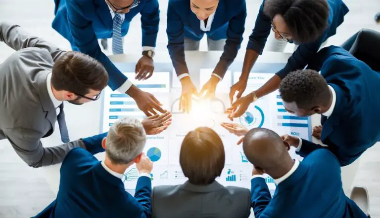 A group of diverse professionals engaging in strategic assessment and planning for leadership development programs, with a focus on measuring innovation leadership ROI