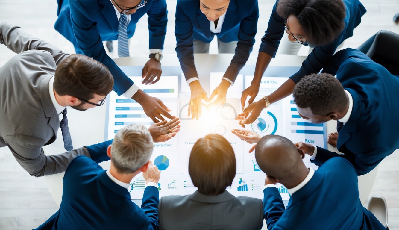 A group of diverse professionals engaging in strategic assessment and planning for leadership development programs, with a focus on measuring innovation leadership ROI