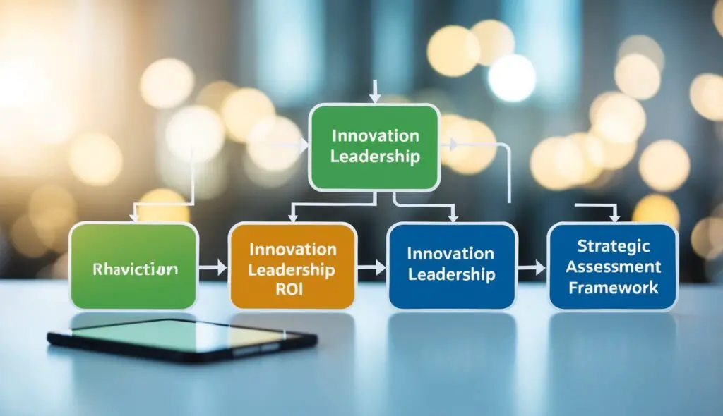 A flowchart with interconnected boxes showing the process of measuring innovation leadership ROI in a strategic assessment framework