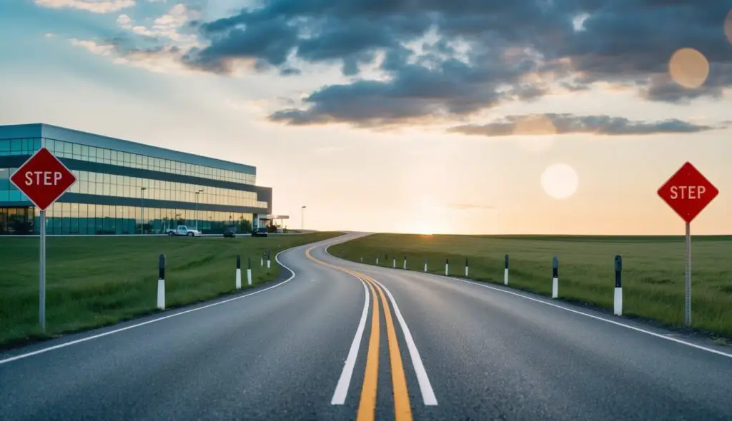 A winding road leading from an office building to a small business, with signposts marking each step of the transition journey