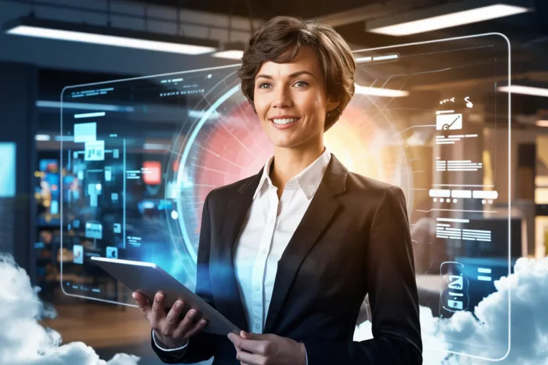 Illustration of a confident hybrid leader with a tablet, representing authority in physical and virtual work. Visual for 'Hybrid Leader Toolkit Challenge.