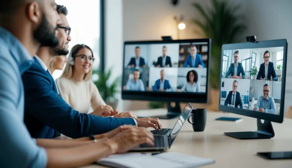 A virtual team meeting with multiple participants on video call, each with their own work space and computer, with a leader guiding the discussion