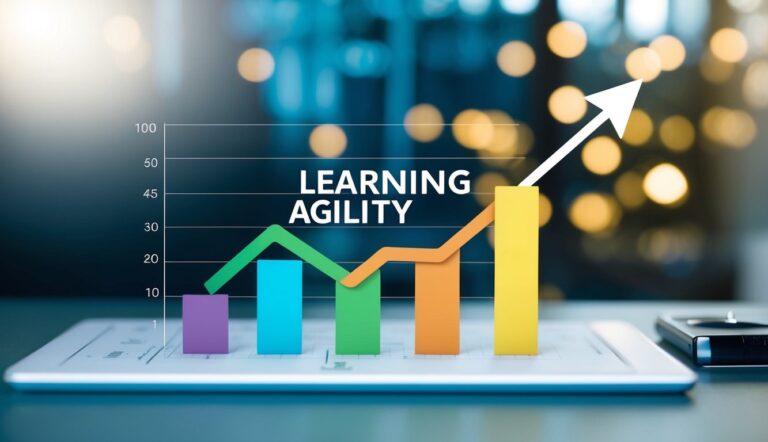A graph showing an upward trend with a business growth arrow intersecting with a learning agility arrow