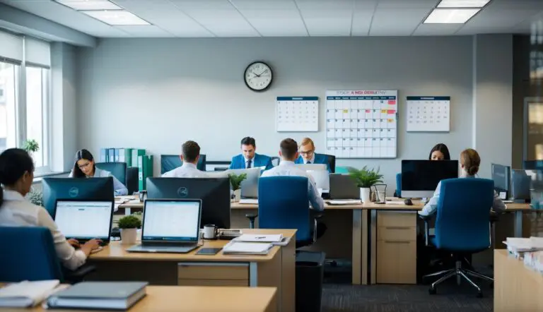 A bustling office with employees working efficiently at their desks, a clock on the wall, and a calendar filled with important deadlines and meetings