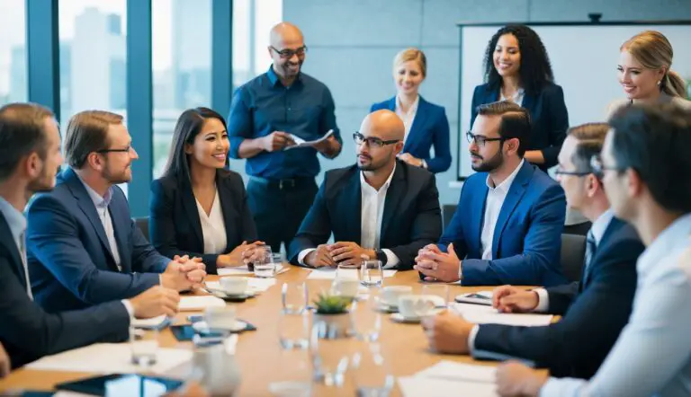 A group of business leaders engage in a workshop, discussing and practicing emotional intelligence skills. The room is filled with collaboration and learning