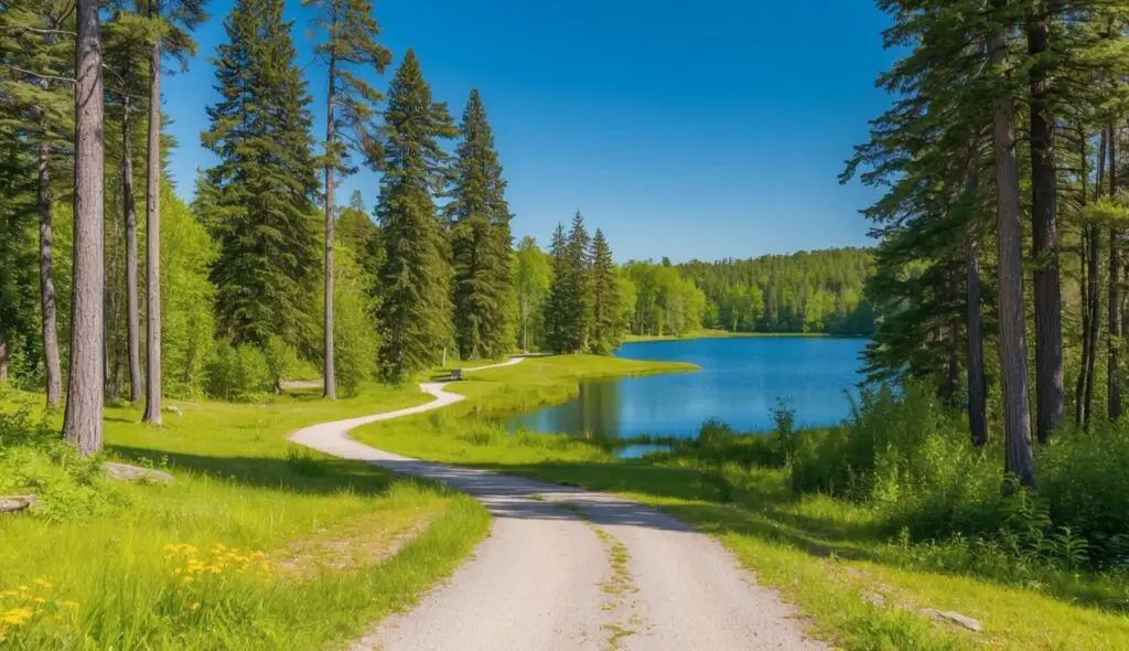 A serene forest clearing with a winding path leading to a tranquil lake, surrounded by tall trees and vibrant greenery, under a clear blue sky