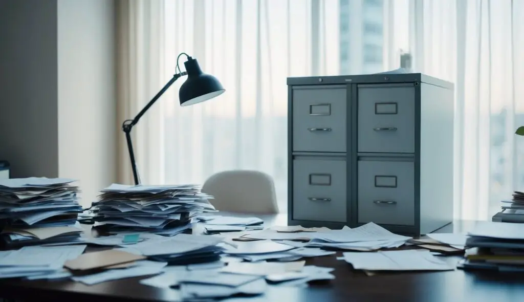 A cluttered desk with scattered papers and a disorganized filing cabinet, contrasting with a clear and focused mind represented by a serene and uncluttered environment