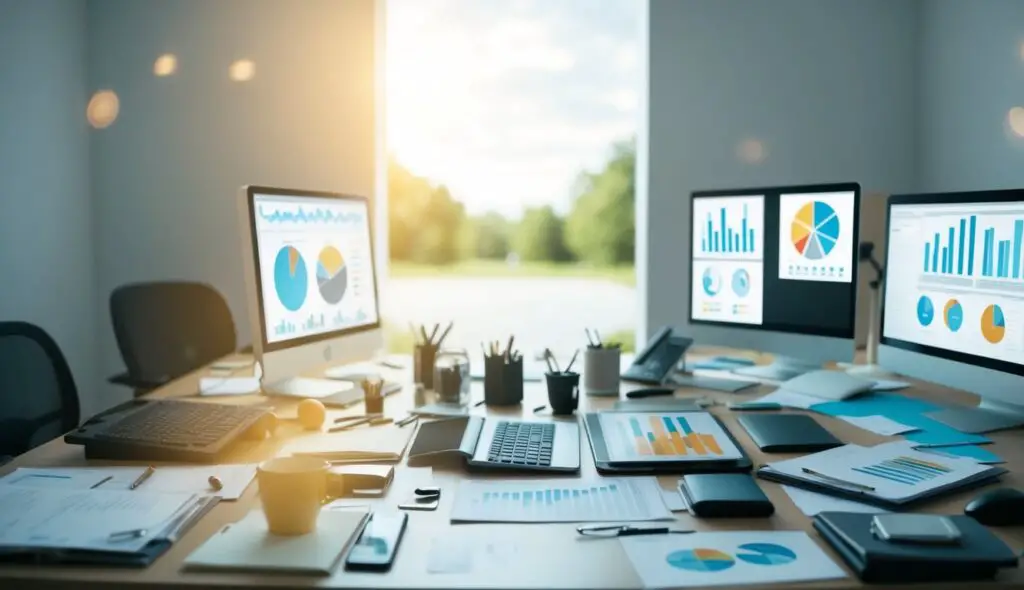 A cluttered desk with multiple decision-making tools, charts, and graphs. A clear path leading to a serene, open space for mental clarity