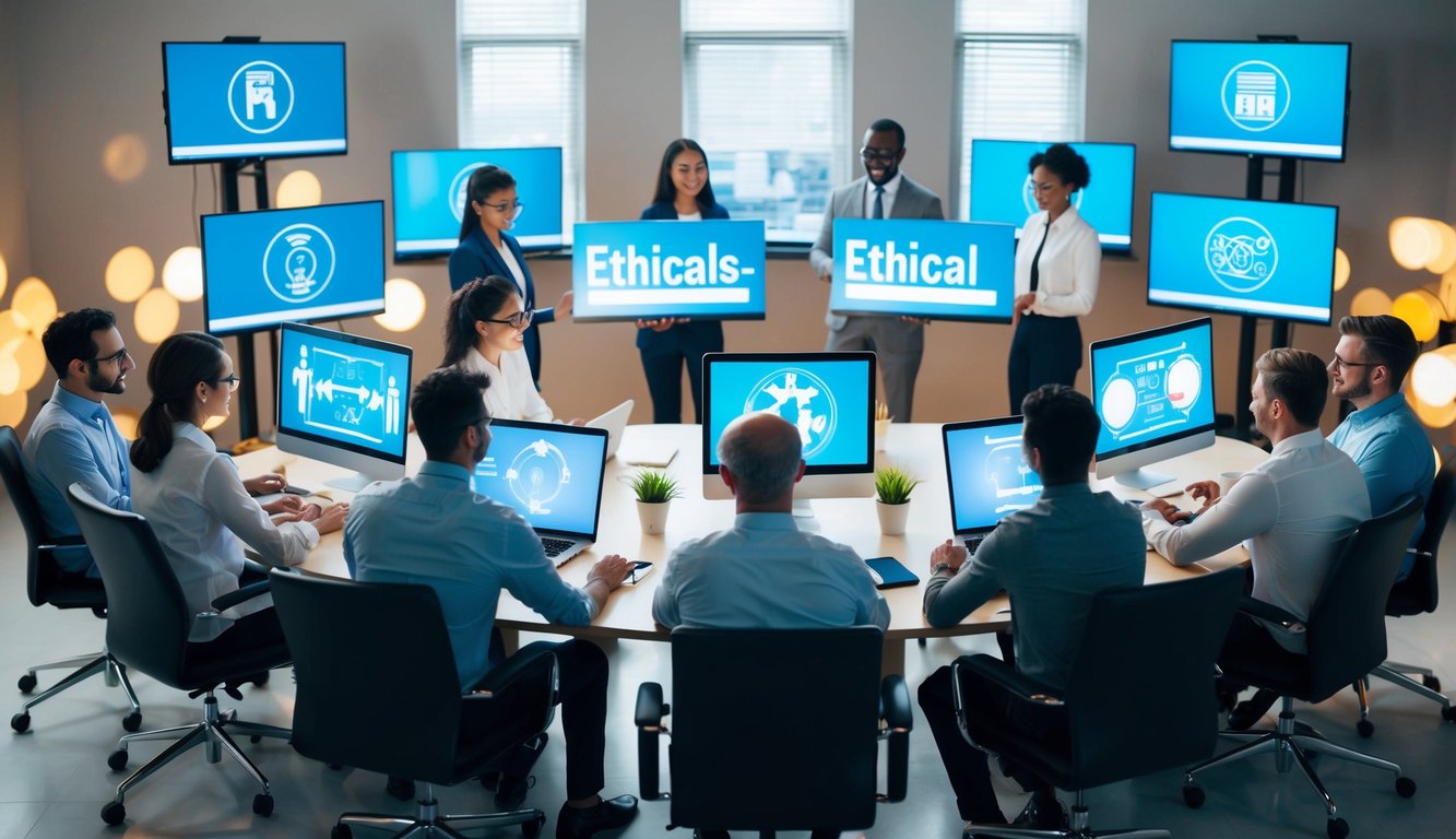 A group of remote team members collaborating virtually, surrounded by screens displaying ethical decision-making tools and guidelines