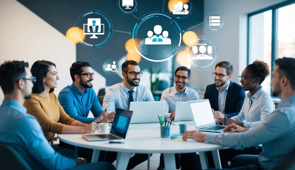 A group of remote team members engage in a virtual meeting, discussing and brainstorming ethical decision-making strategies. They are seen collaborating and sharing ideas through digital platforms