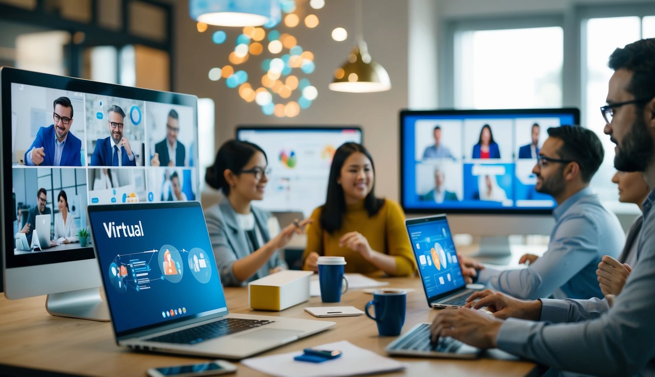 A virtual workshop with team members engaging in innovative activities and brainstorming ideas on their computer screens