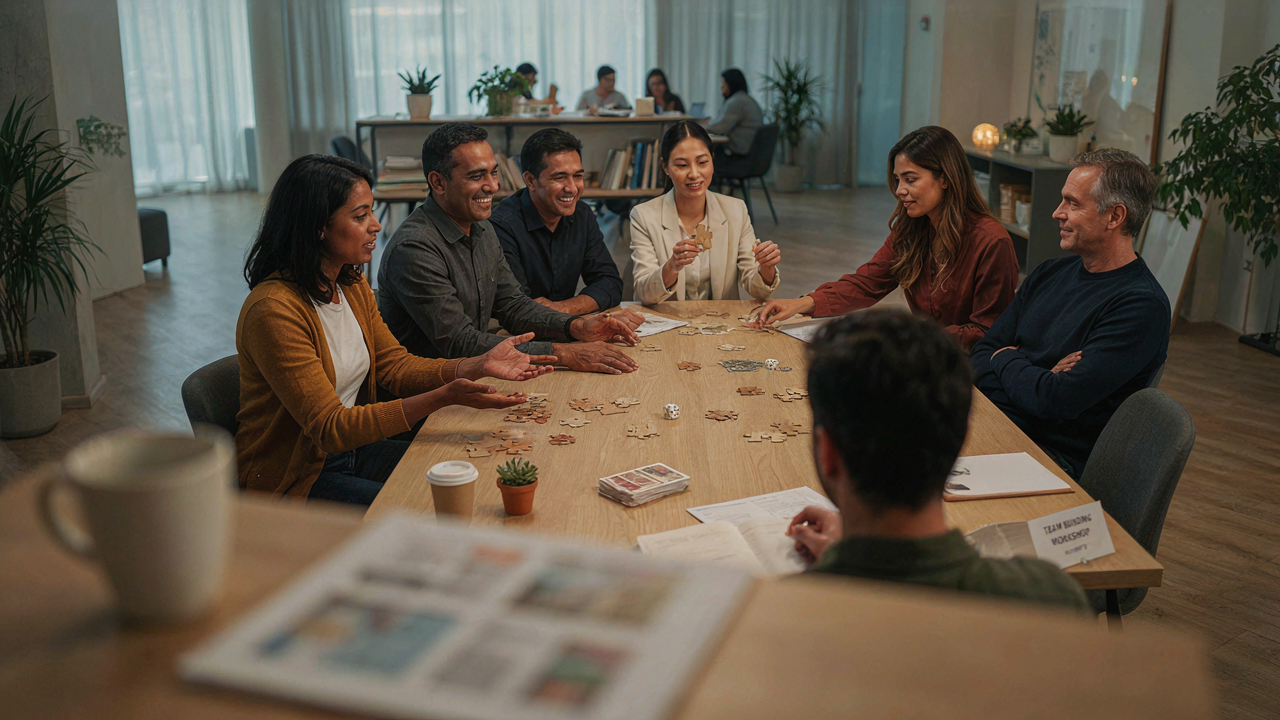 Team of colleagues collaborating around a table during a team building workshop with game elements