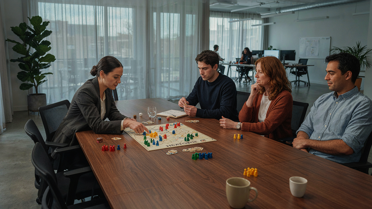 Small team gathered around a strategy board game during a team building session in a modern office