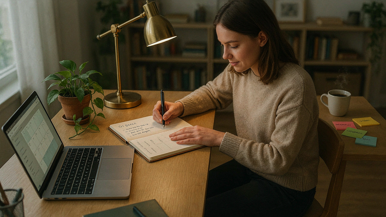 Time Management Mistakes: Solutions for Better Productivity 2 Person writing goals in a planner at a tidy desk, representing productive time management habits