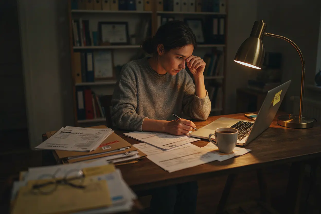 The reality of business ownership: the work does not switch off Small business owner working late at night in home office