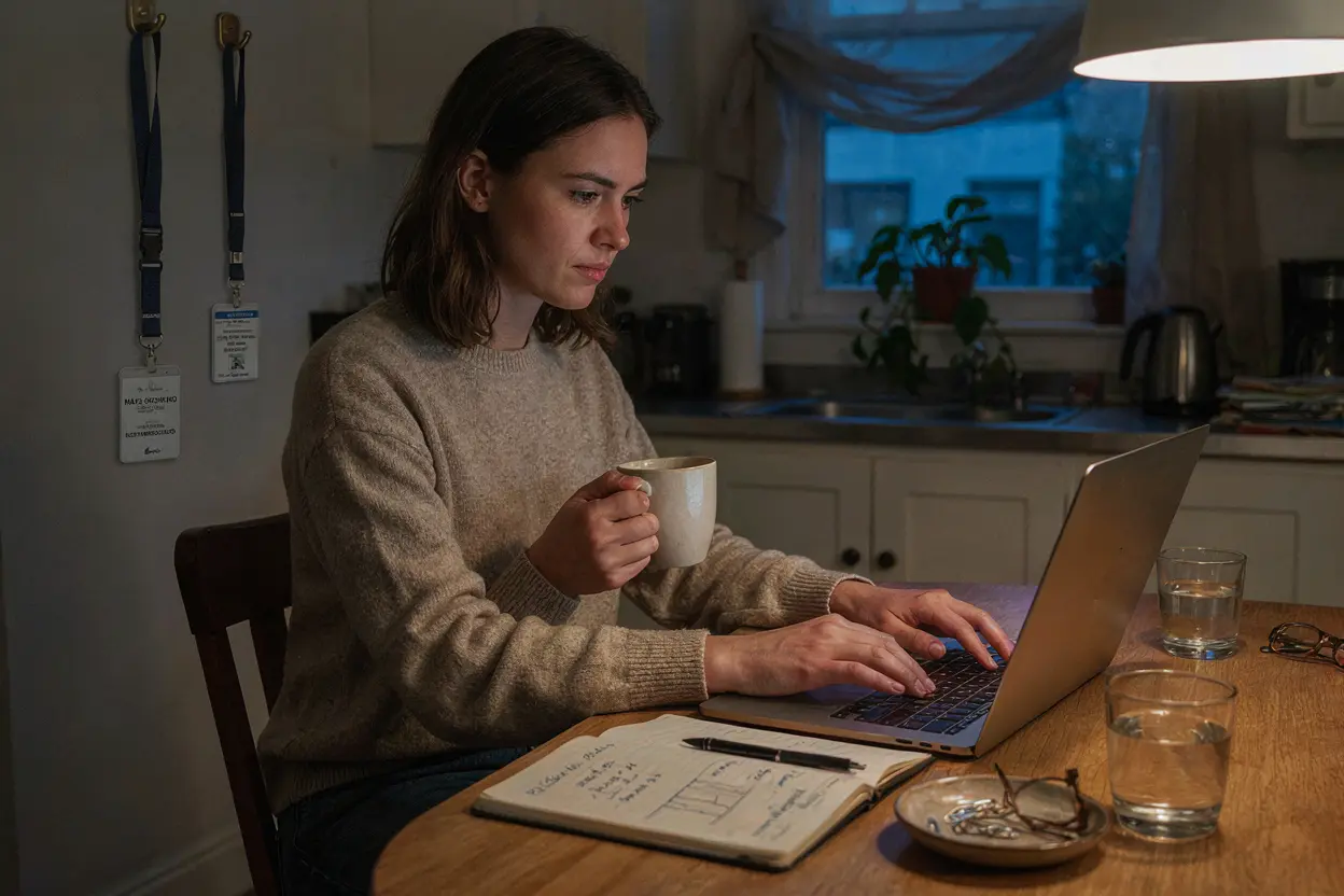 The middle path: start the business while still employed Person building a side business at kitchen table while still employed