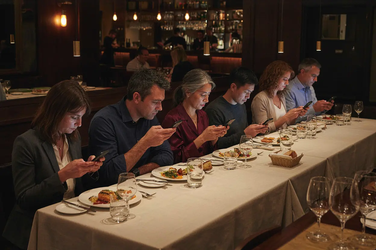 Most team dinners look like this — here is how to fix it Coworkers at a corporate dinner disengaged and looking at phones