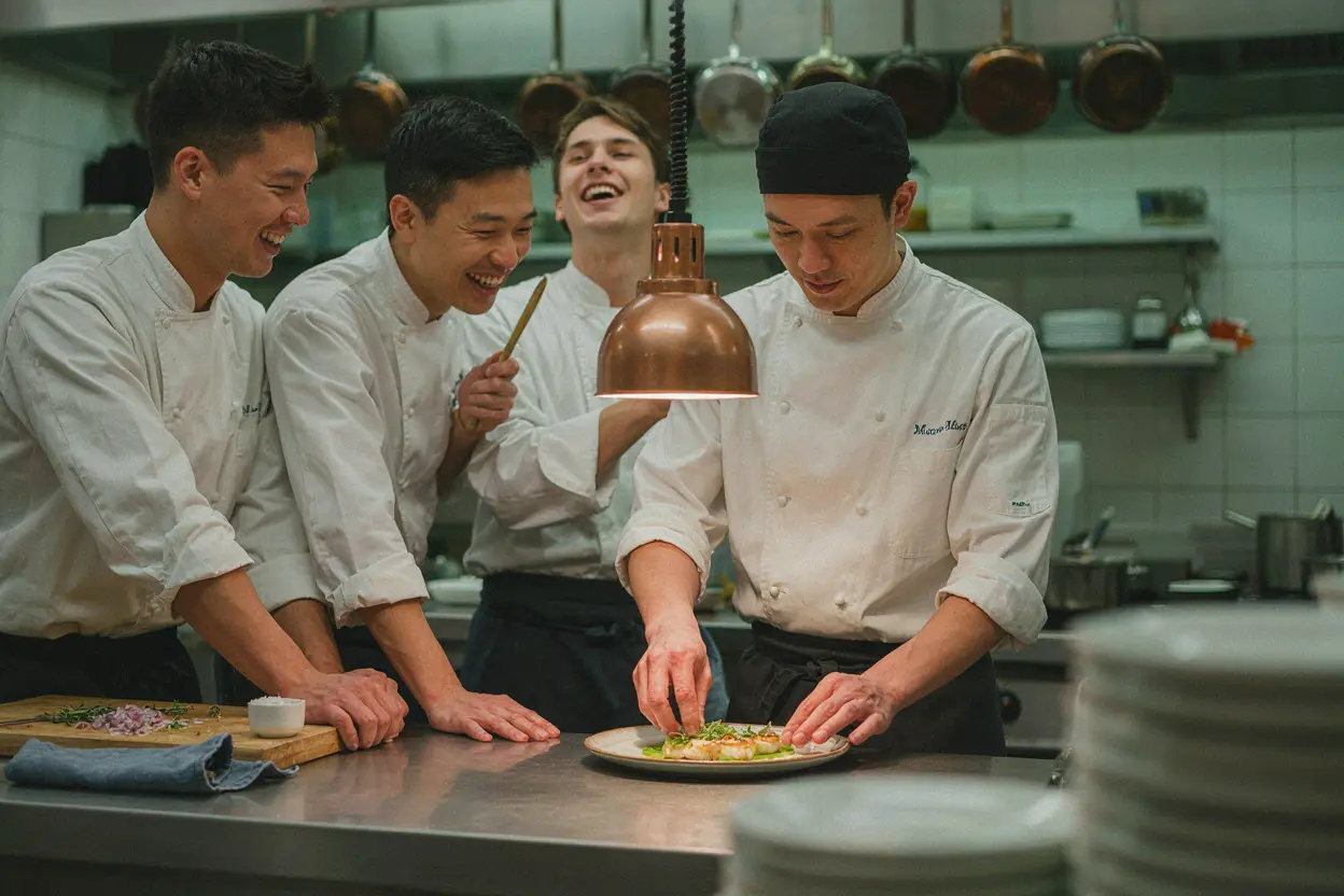 The shared kitchen dinner format: cooking for each other changes the dynamic Colleagues cooking together at a shared kitchen team dinner