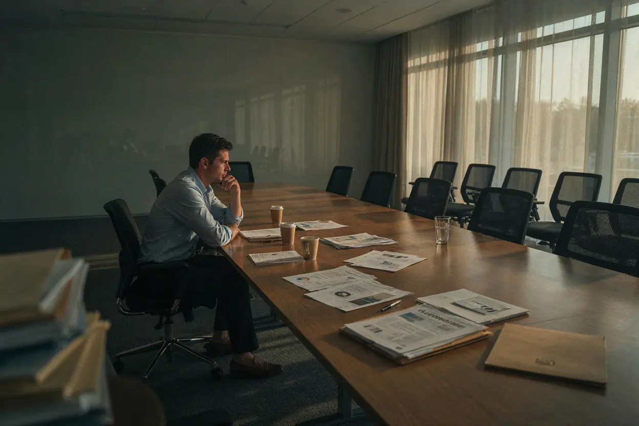 Employee sitting alone at an empty conference table after everyone else has left