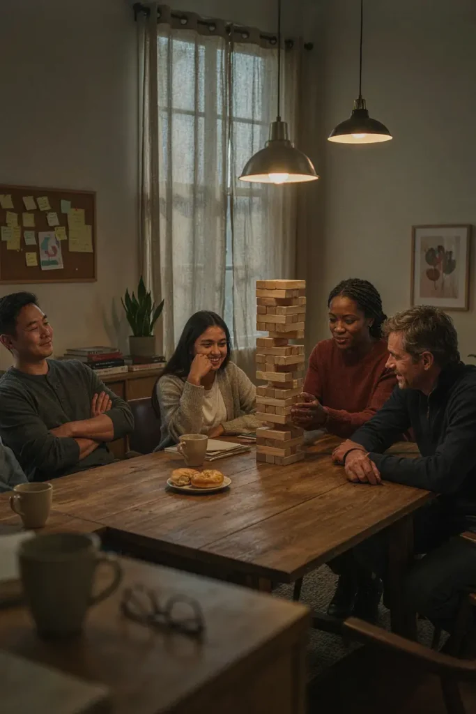 Team building Jenga game with diverse coworkers around a tower
