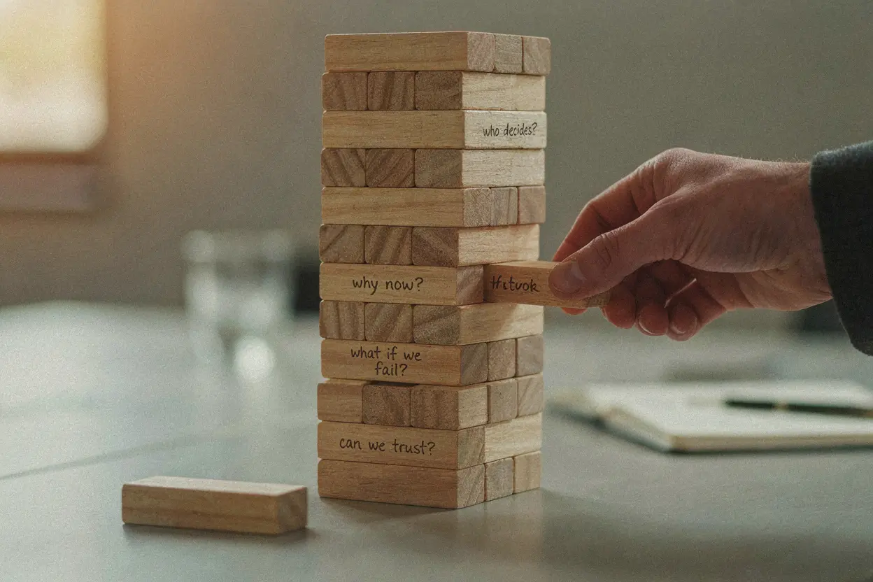 Team building Jenga: the blocks carry the conversation Close-up of Jenga blocks with handwritten team building questions